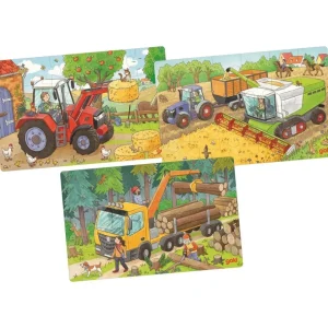 Goki Puzzles>Lot de 3 Puzzles 24 PCS Bois Véhicules Agricoles