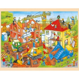 Goki Puzzles>Puzzle 96 Pièces en Bois pour Enfant Un Chantier Animé